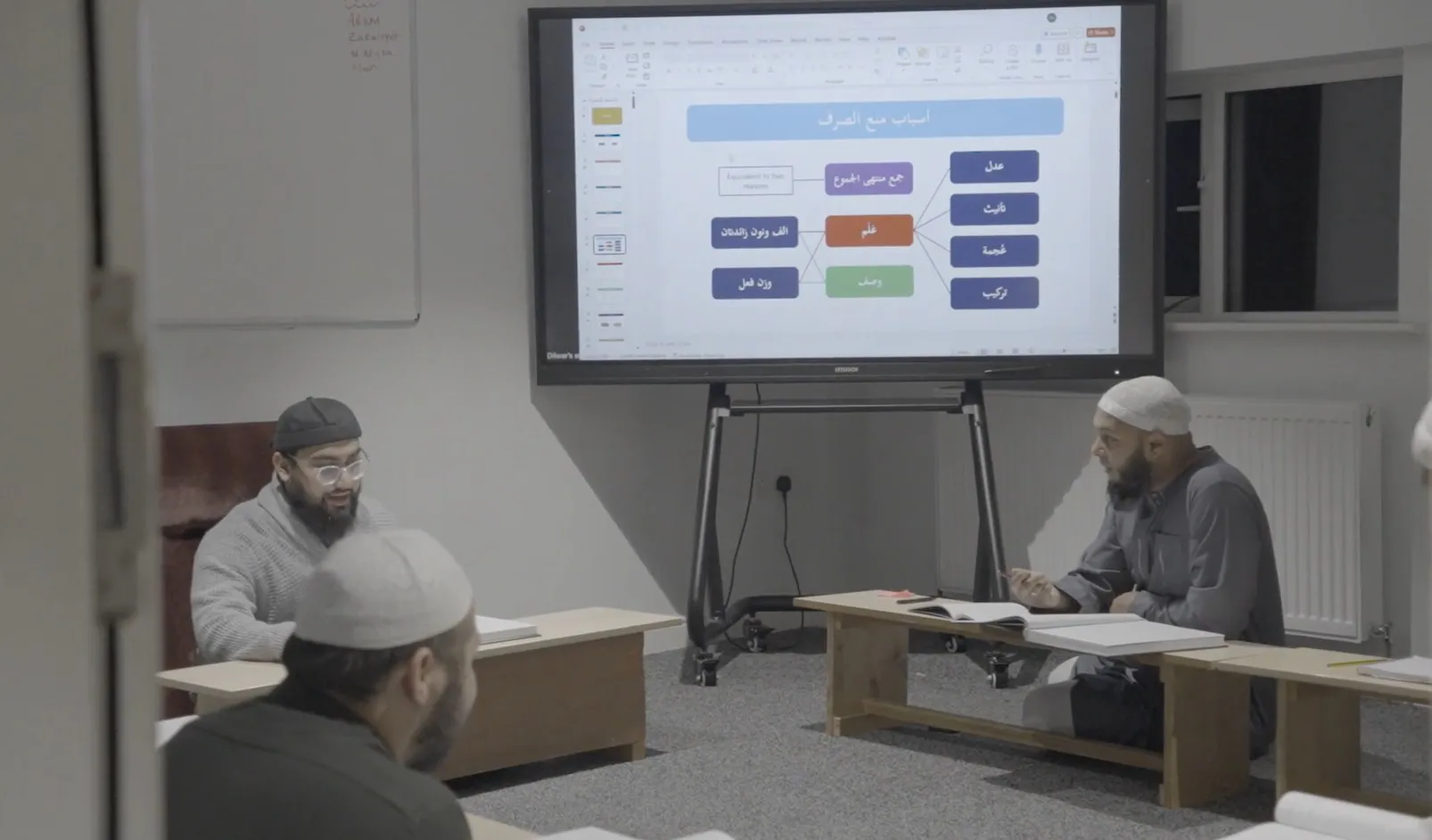 A teacher and students in an Arabic class at the masjid.