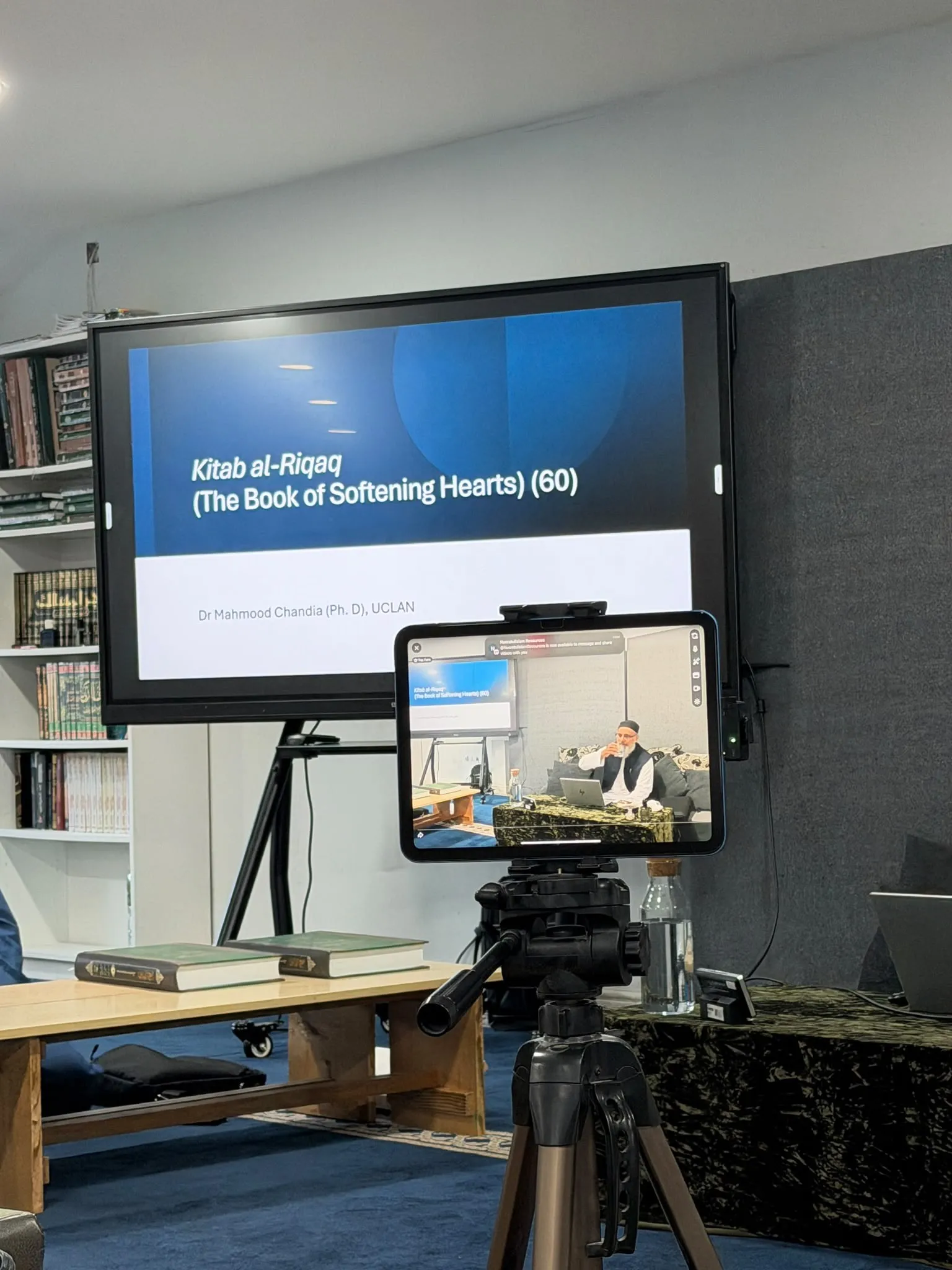 The screen and camera set up for a talk at the masjid.